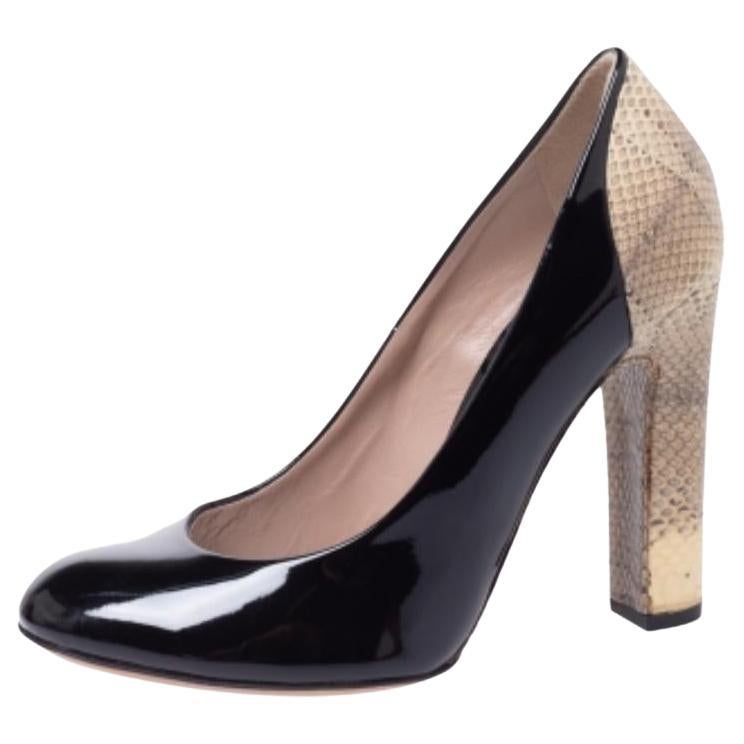 Chloe Black Patent Leather and Lizard Embossed Leather Block Heel Pumps Size 36 For Sale