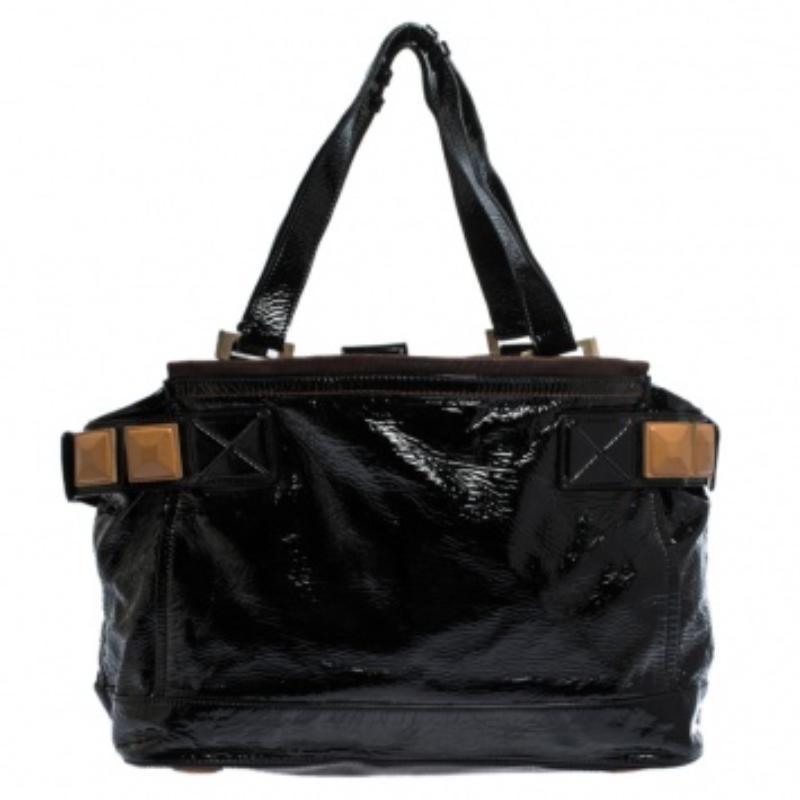 Chloe - Audra - Fourre-tout en cuir verni noir en vente 1