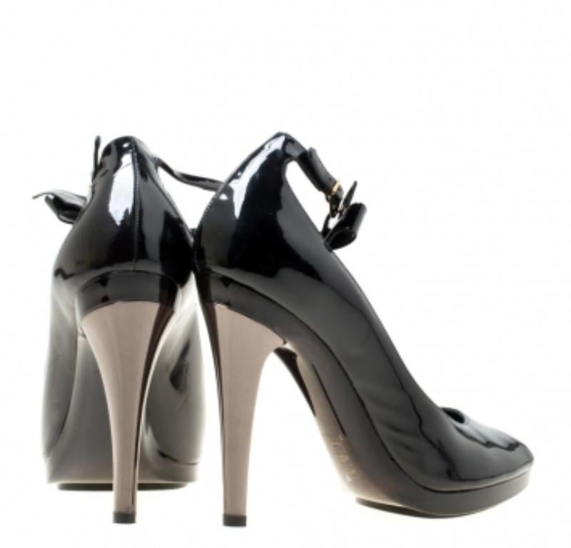 Chloe Black Patent Leather Bow Detail Ankle Strap Peep Toe Pumps Size 37 en venta 1
