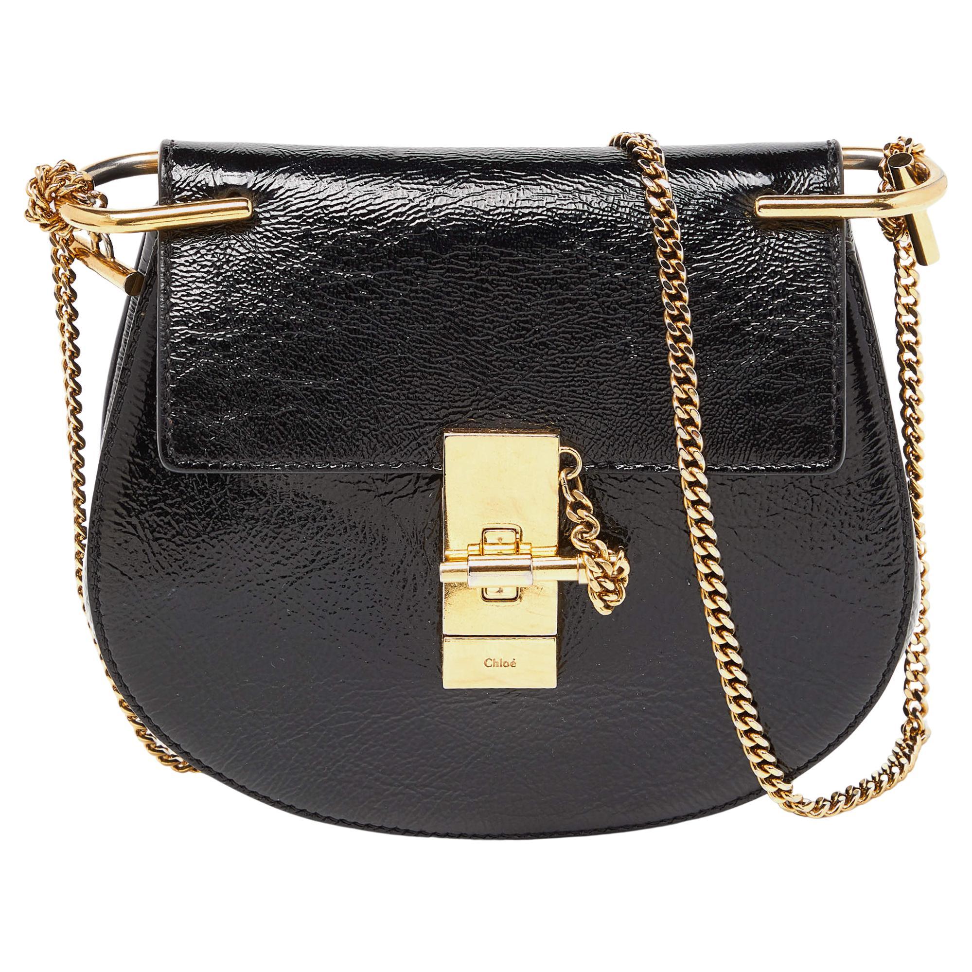 Chloe Black Patent Leather Small Drew Chain Crossbody Bag For Sale