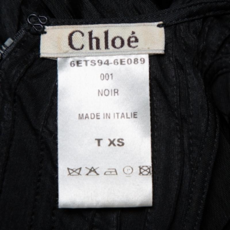 Chloe Black Pleated Silk Bow Detail Flared Noir Dress XS In Good Condition For Sale In Dubai, Al Qouz 2