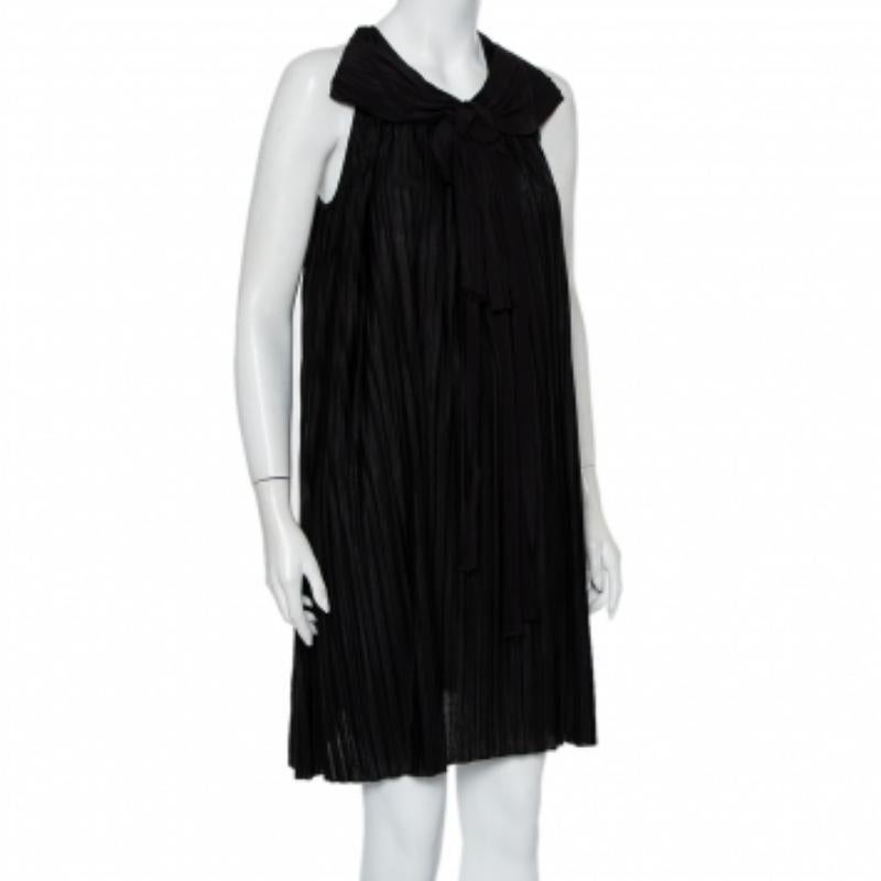 Chloe Black Pleated Silk Bow Detail Flared Noir Dress XS For Sale 2