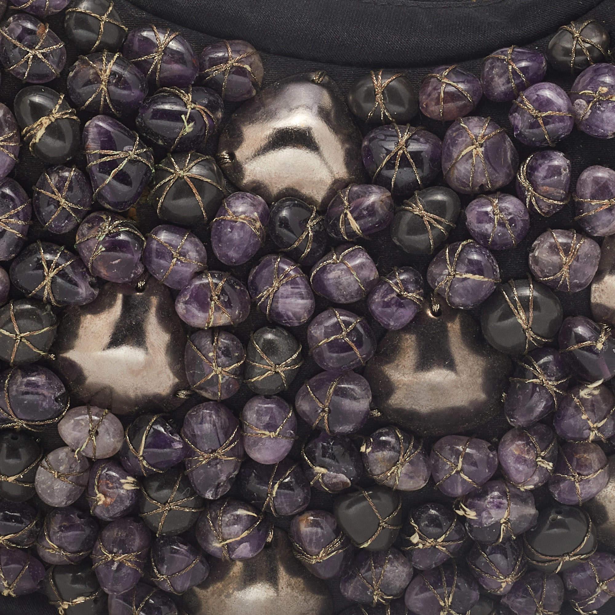Chloe Black/Purple Satin Stone Beads Embellished Crescent Hobo 7