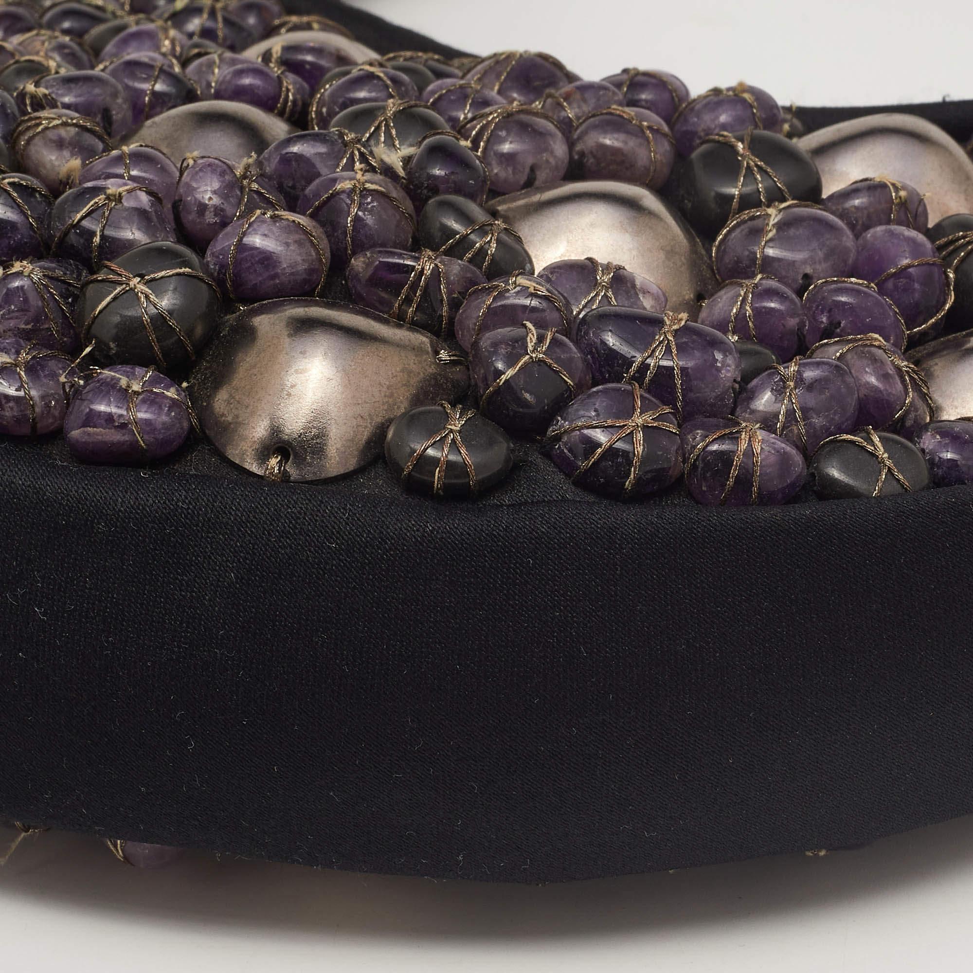 Chloe Black/Purple Satin Stone Beads Embellished Crescent Hobo 8