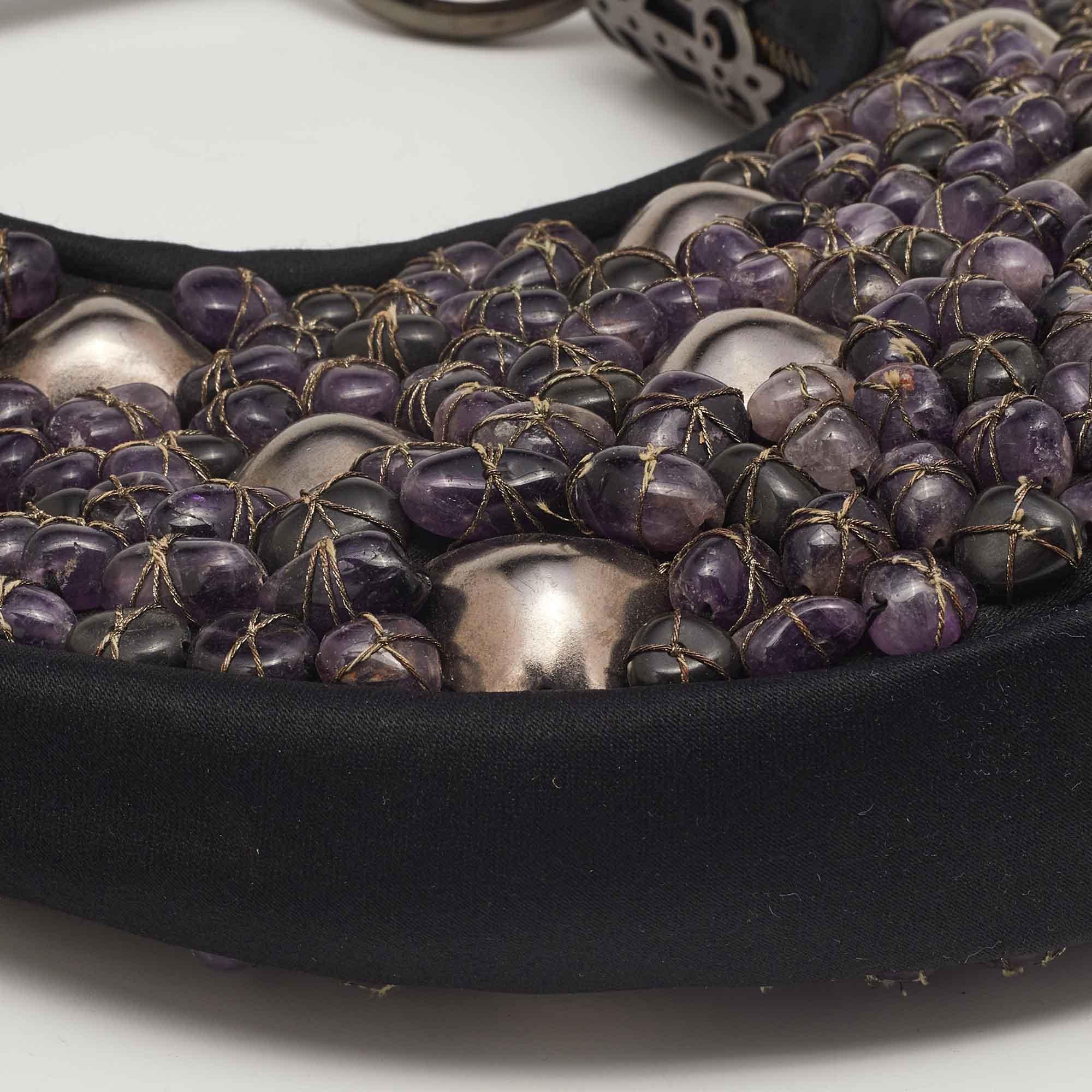 Chloe Black/Purple Satin Stone Beads Embellished Crescent Hobo 9