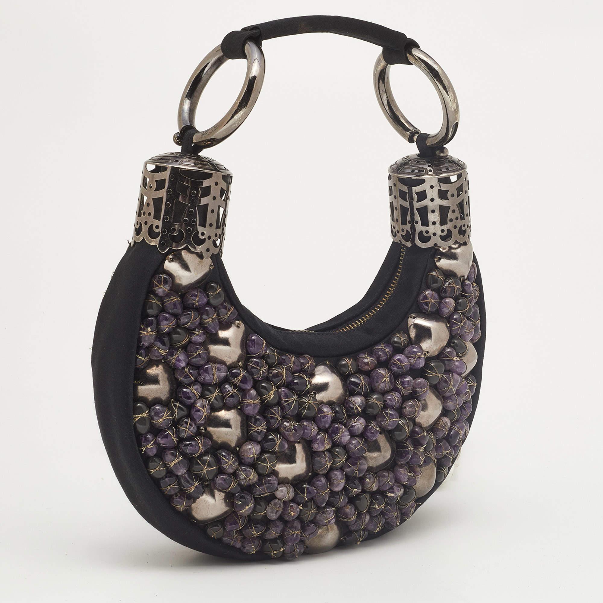 Chloe Black/Purple Satin Stone Beads Embellished Crescent Hobo 1