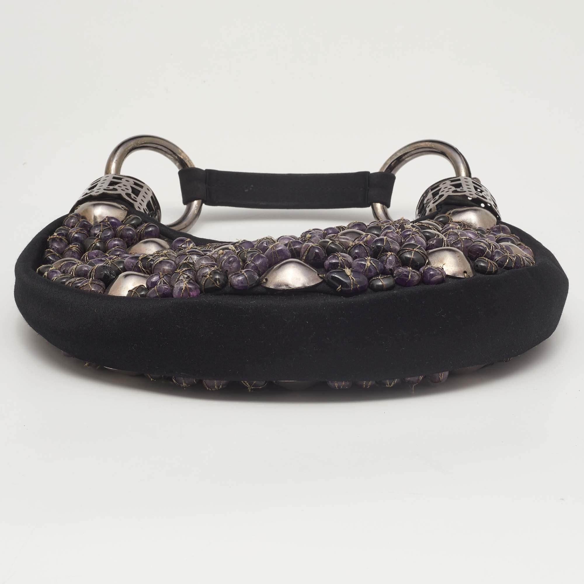 Chloe Black/Purple Satin Stone Beads Embellished Crescent Hobo 2
