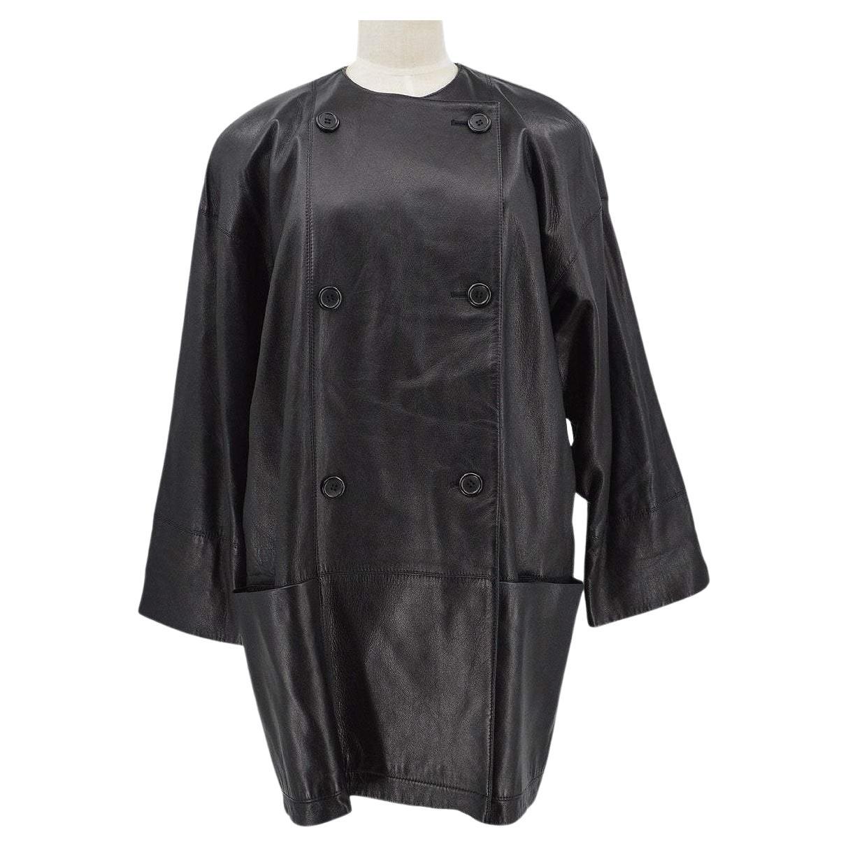 CHLOE Black Sheepskin Leather Double Breasted Mid Length Coat Jacket Dress  For Sale