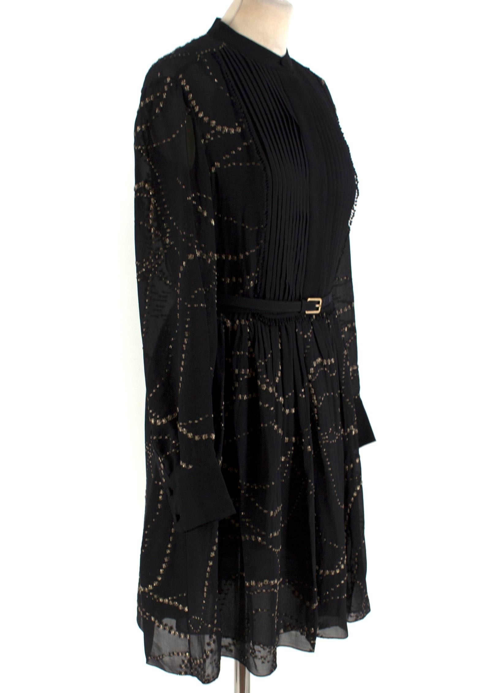 Chloe Black Silk Belted Dress

-Black mini dress with long sleeves
-Pleated detailing at the bust
-Gold stitched pattern
-Button closure
-Comes with belt

Please note, these items are pre-owned and may show signs of being stored even when unworn and