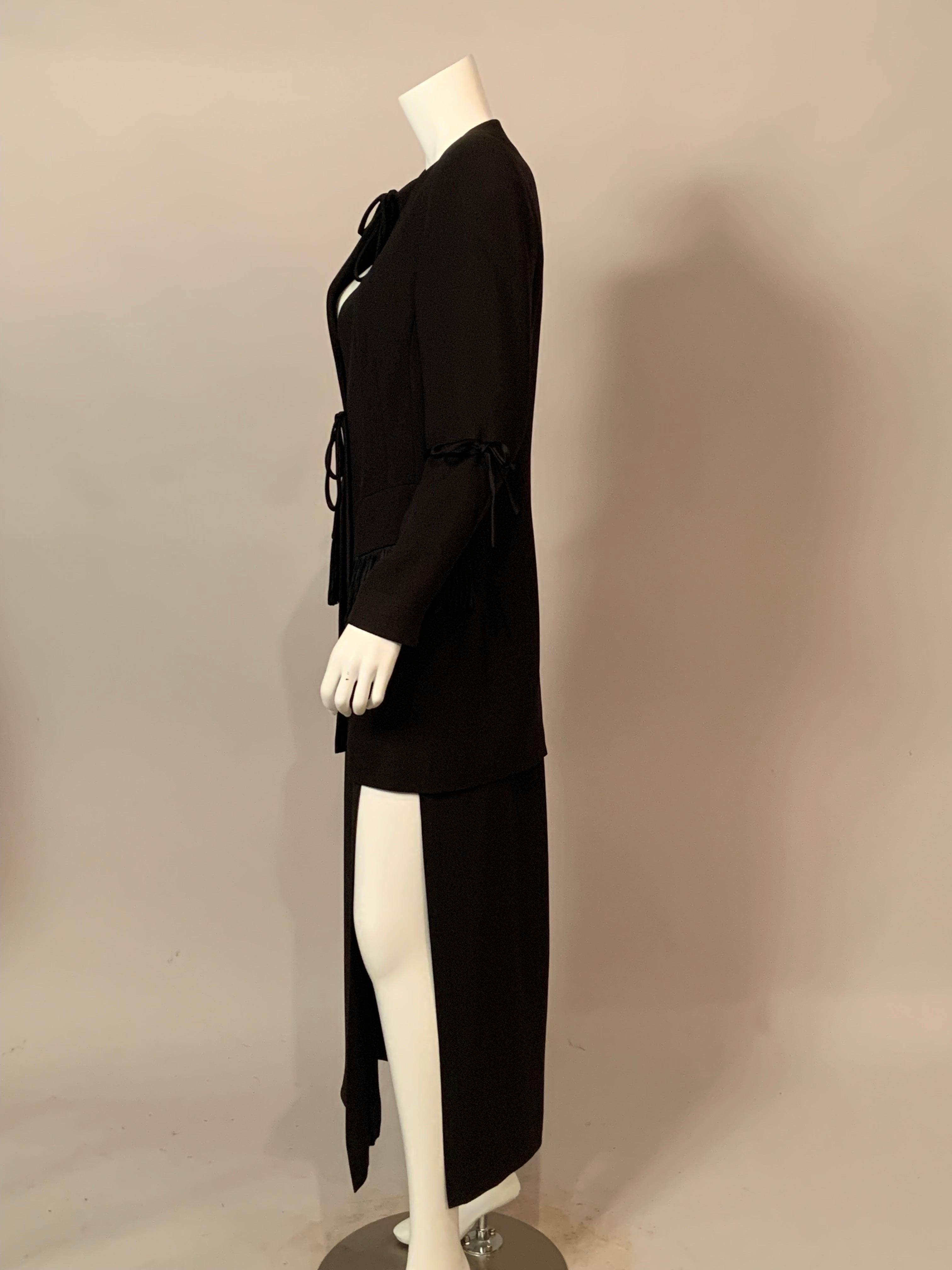 Women's or Men's Chloe Black Silk Evening Suit with Satin Trim Skirt with Very High Side Opening
