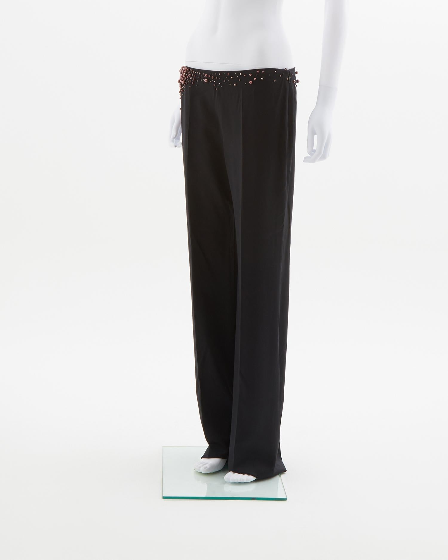 Chloè  black silk pants with purple pearl applique, fw 2001  In New Condition For Sale In Milano, IT