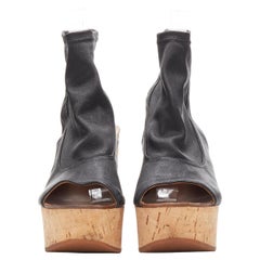 CHLOE black soft leather open toe brown cork wedge platform bootie EU39