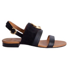 CHLOE black suede C LOGO Flat Sandals Shoes 37.5