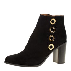 Used Chloe Black Suede Eyelet Embellished Flo Grommet Block Heel Ankle Boots Size 39