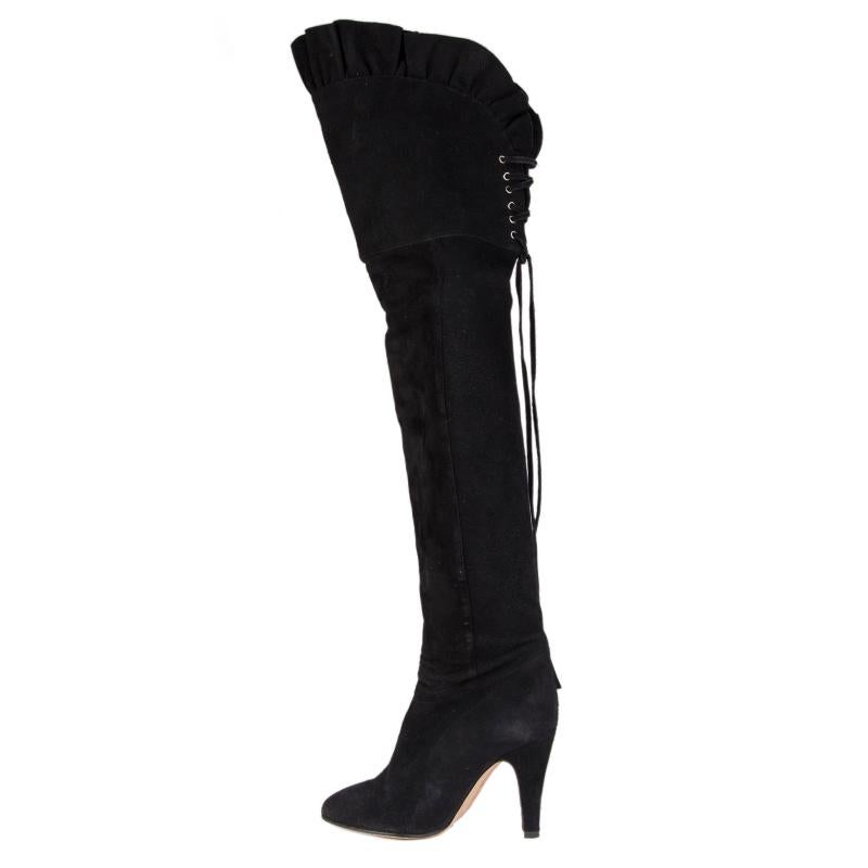 100% authentic Chloe ruffled crusade over-knee boots in black suede. Lace-up on the back top. Have been worn and are in excellent condition.

Measurements
Imprinted Size	38.5
Shoe Size	38.5
Inside Sole	24cm (9.4in)
Width	7cm (2.7in)
Heel	10cm