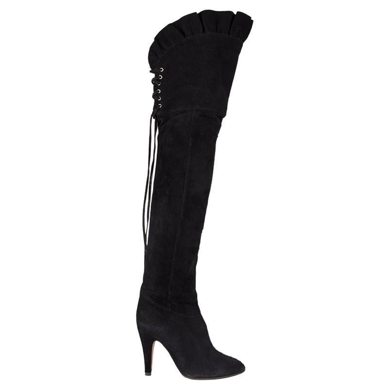 CHLOE black suede RUFFLED CRUSADER Over Knee Boots Shoes 38.5 For Sale