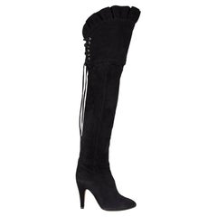 CHLOE black suede RUFFLED CRUSADER Over Knee Boots Shoes 38.5