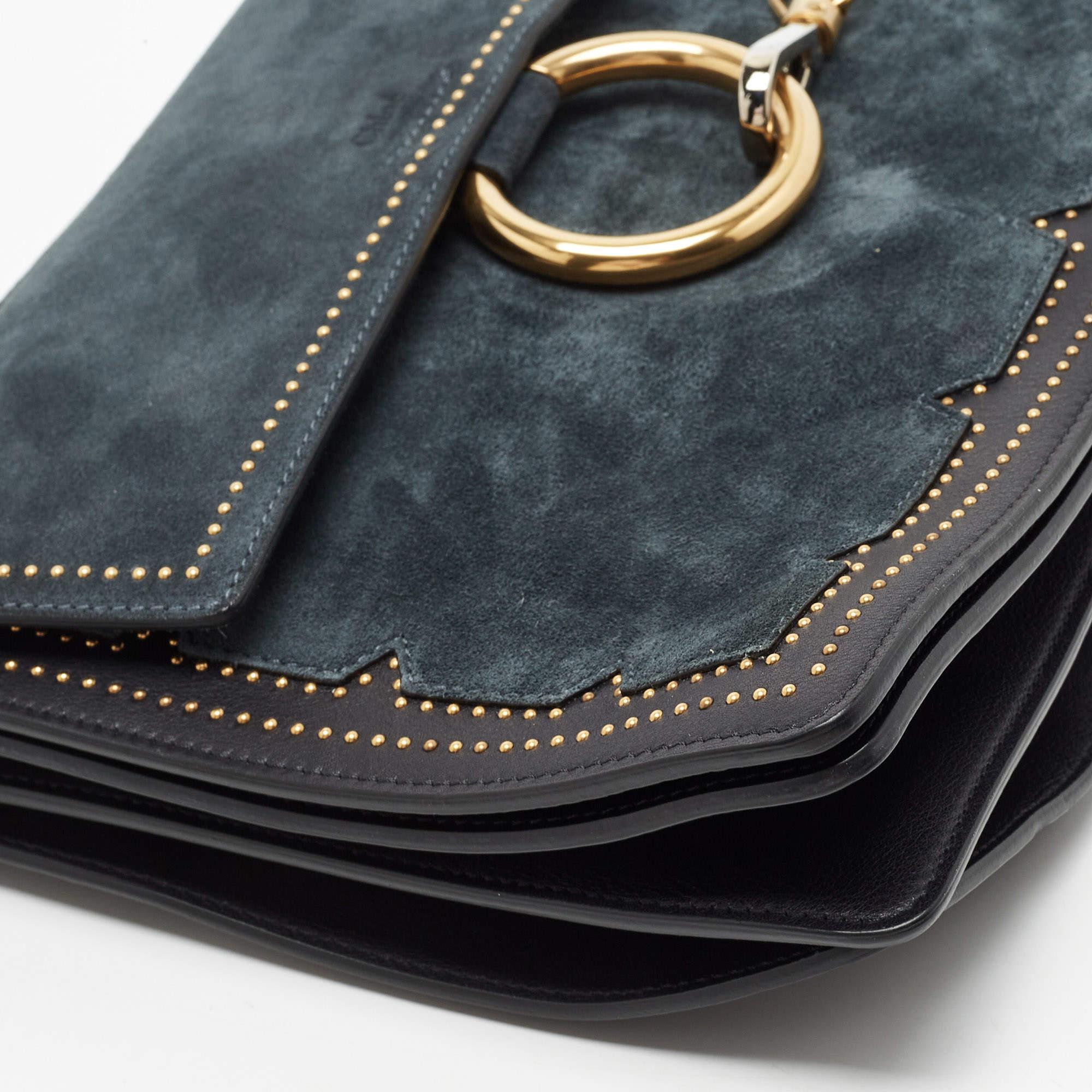 Chloe Black/Teal Leather and Suede Medium Studded Faye Shoulder Bag In Good Condition In Dubai, Al Qouz 2