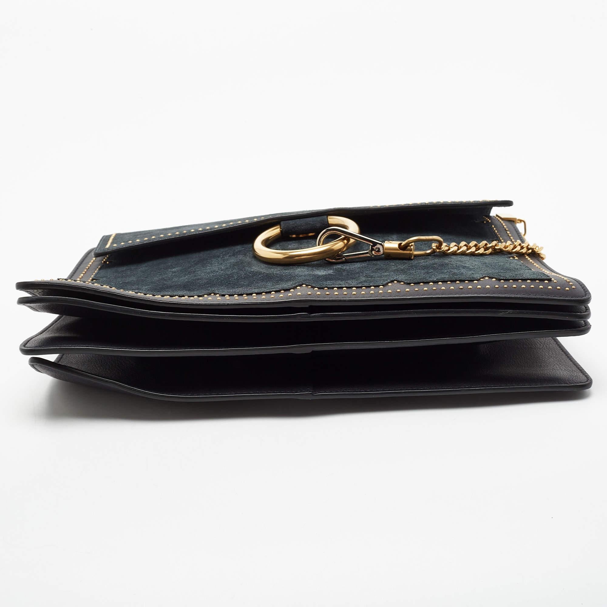 Chloe Black/Teal Leather and Suede Medium Studded Faye Shoulder Bag 1