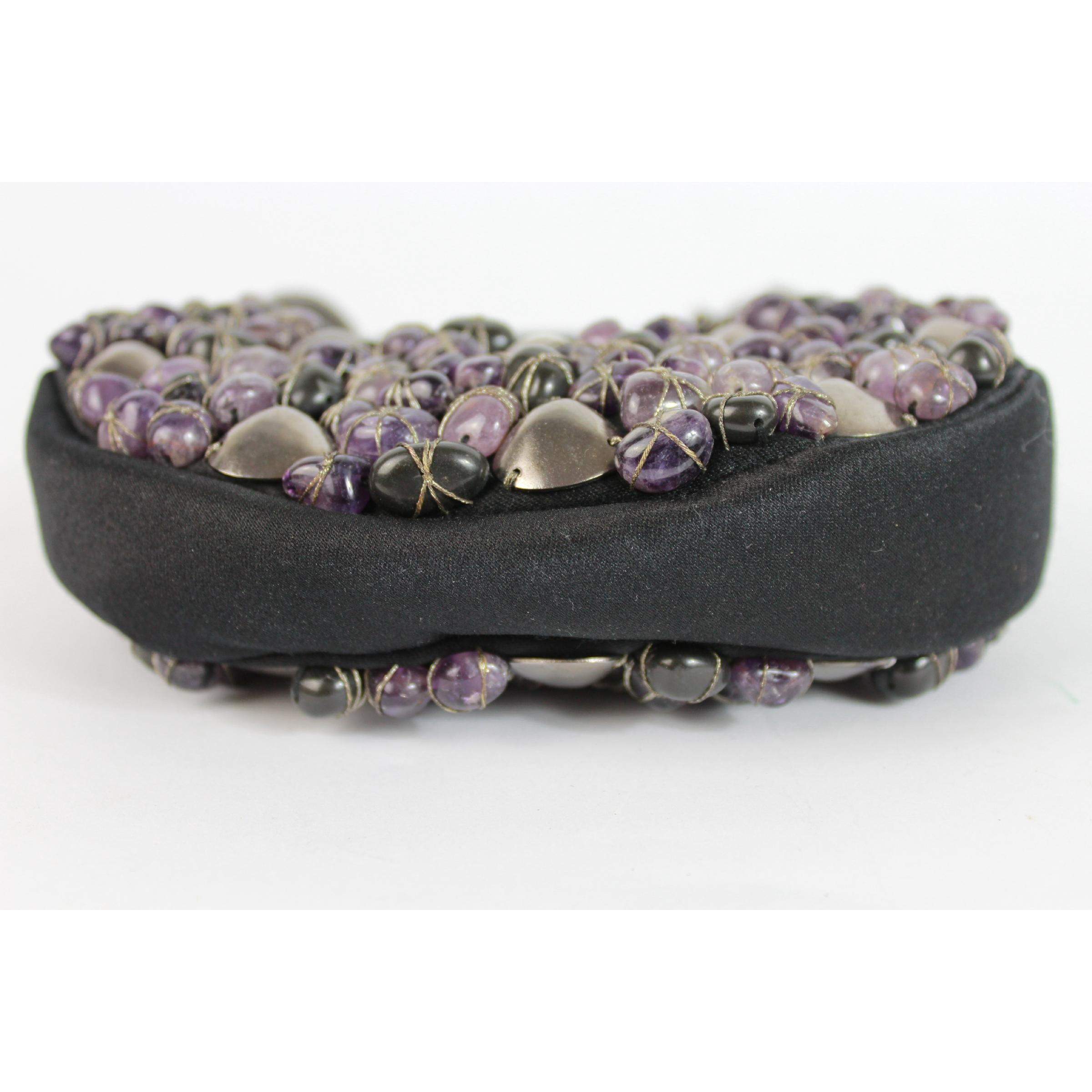 Chloe Black Violet Jewel Stones Satin Evening Clutch Bag In Excellent Condition In Brindisi, Bt