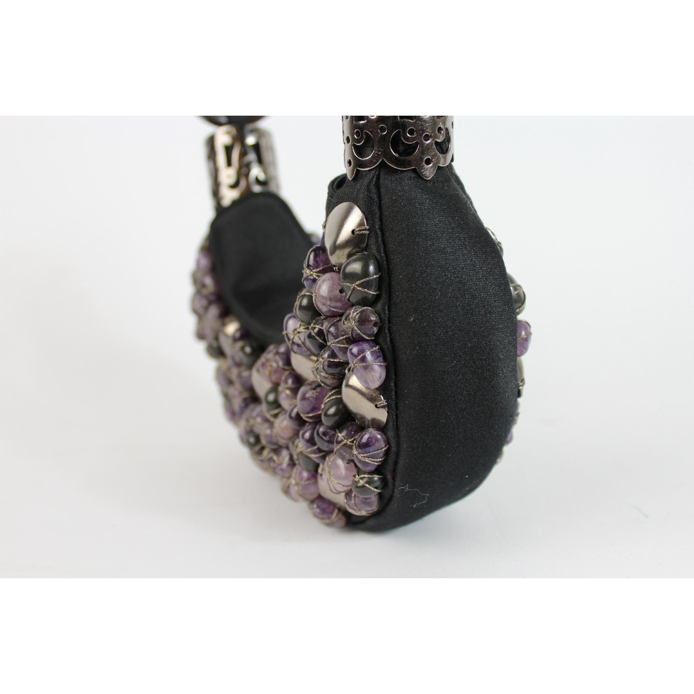 Women's Chloe Black Violet Jewel Stones Satin Evening Clutch Bag 