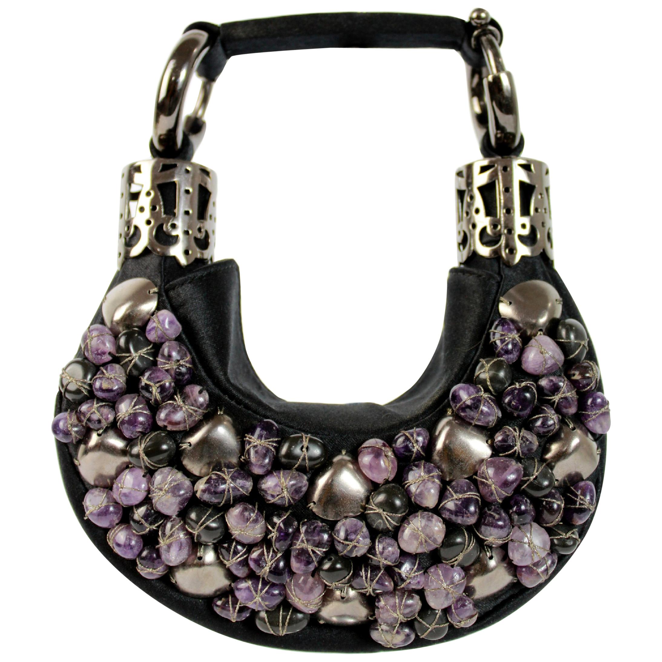 Chloe Black Violet Jewel Stones Satin Evening Clutch Bag 