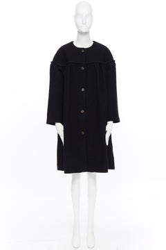 CHLOE black virgin wool blend ruffle trimmed button front cape cocoon coat FR34