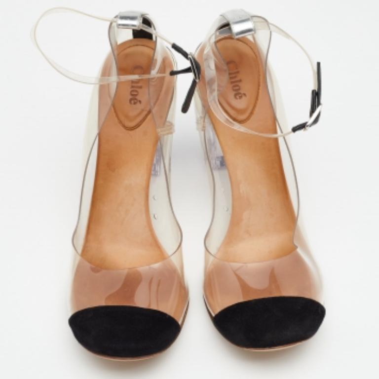 Chloe Schwarz/Weiß Wildleder And PVC Block Heel Sandalen Größe 41,5 (Beige) im Angebot