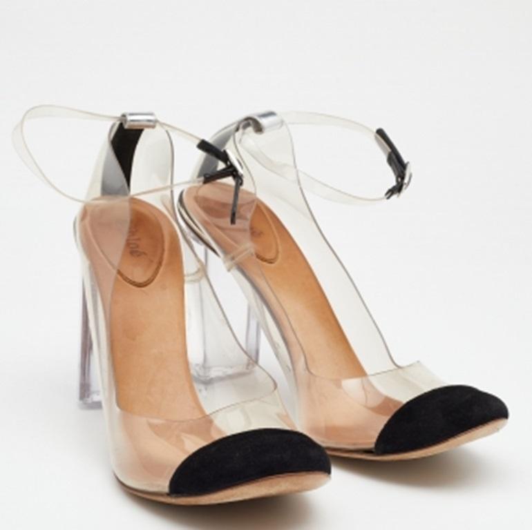 Chloe Schwarz/Weiß Wildleder And PVC Block Heel Sandalen Größe 41,5 im Zustand „Gut“ im Angebot in Dubai, Al Qouz 2