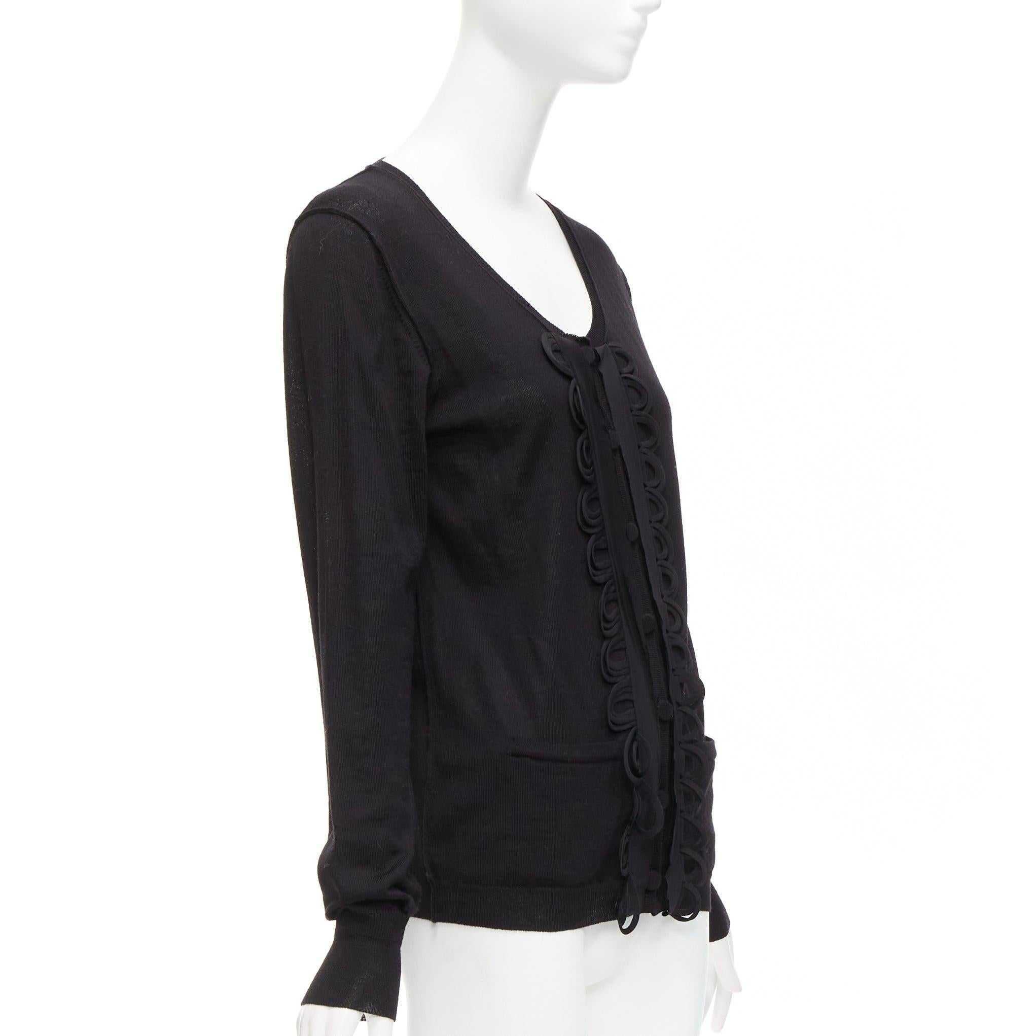 CHLOE black wool military scallop loop ruffle scoop neck cardigan M In Excellent Condition For Sale In Hong Kong, NT