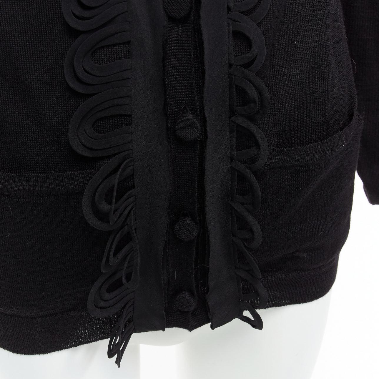 CHLOE black wool military scallop loop ruffle scoop neck cardigan M For Sale 3