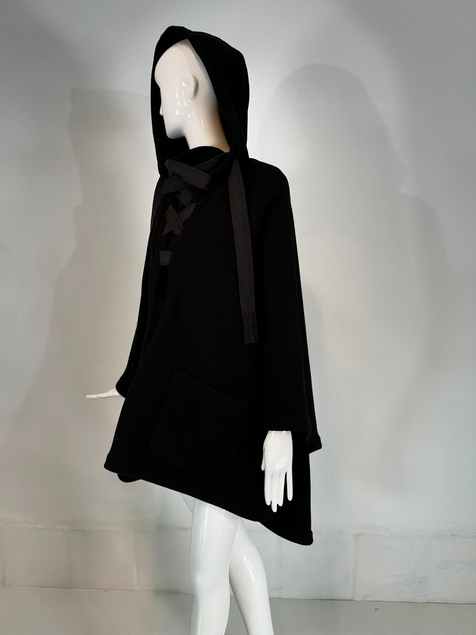 Chloe Black Wool Ribbon Laced Hooded Poncho Cape with Patch Pockets Small 8