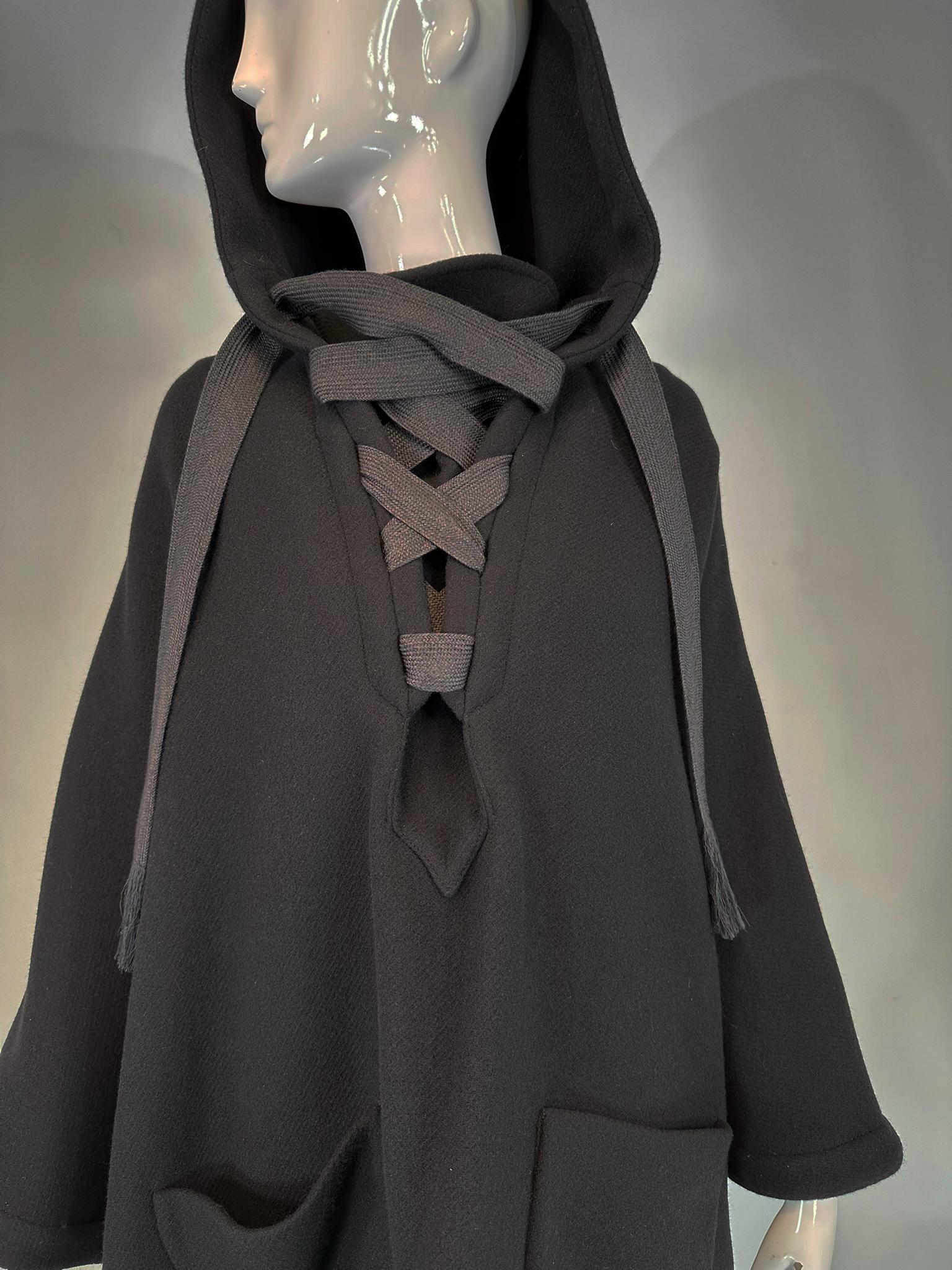 Chloe Black Wool Ribbon Laced Hooded Poncho Cape with Patch Pockets Small 9