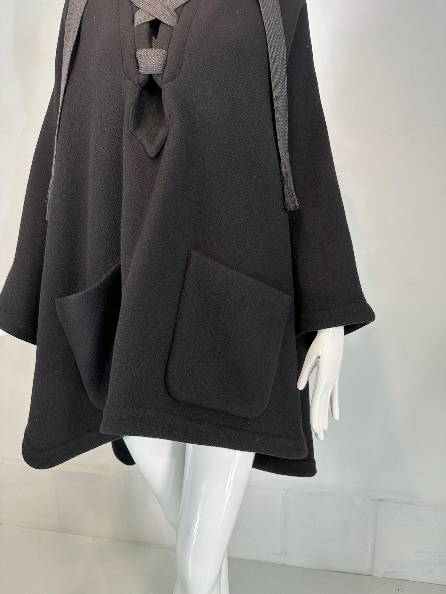 Chloe Black Wool Ribbon Laced Hooded Poncho Cape with Patch Pockets Small 10