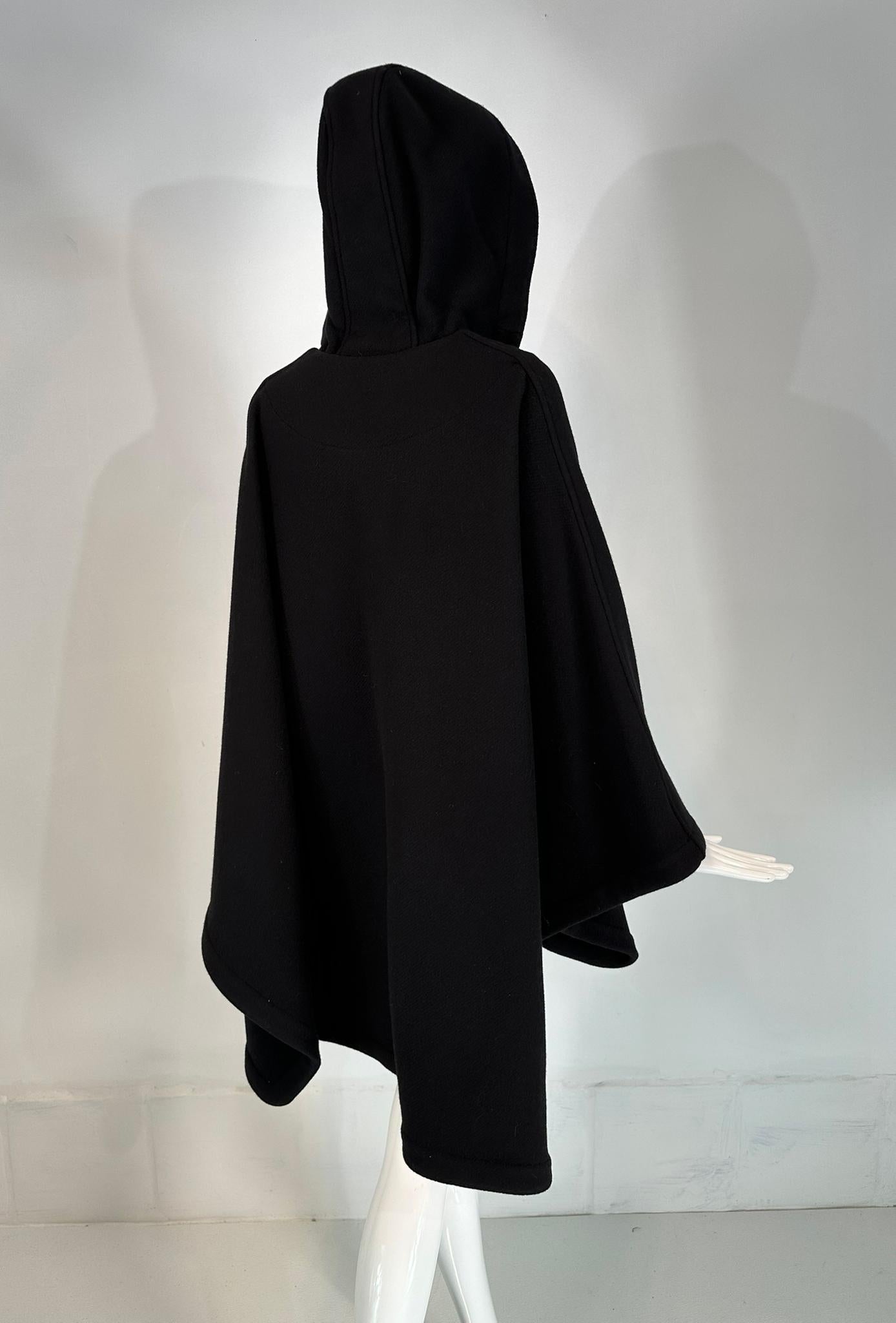 Chloe Black Wool Ribbon Laced Hooded Poncho Cape with Patch Pockets Small 3