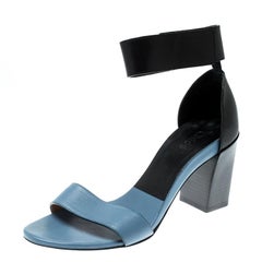 Chloe Blue/Black Leather Ankle Cuff Block Heel Sandals Size 38