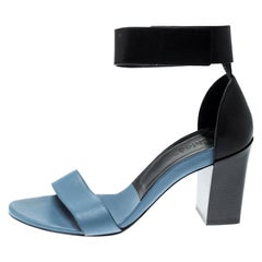 Chloe Blue/Black Leather Ankle Cuff Block Heel Sandals Size 38