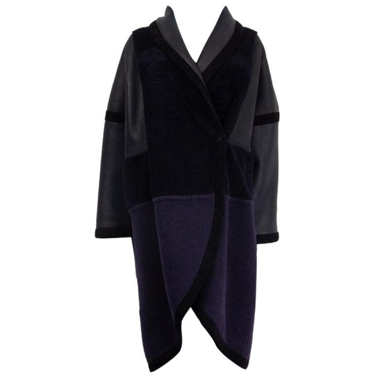 CHLOE blue & black OVERSIZED WOOL & SHEARLING Coat Jacket 40 M