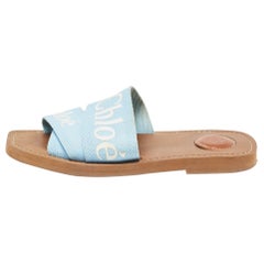 Chloe Blue Canvas Woody Flat Slides Size 37