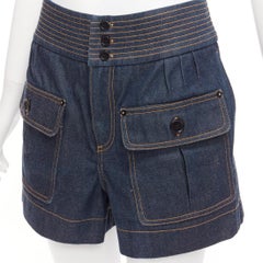 CHLOE blue cotton raw denim yellow topstitched cargo pocket shorts FR36 S