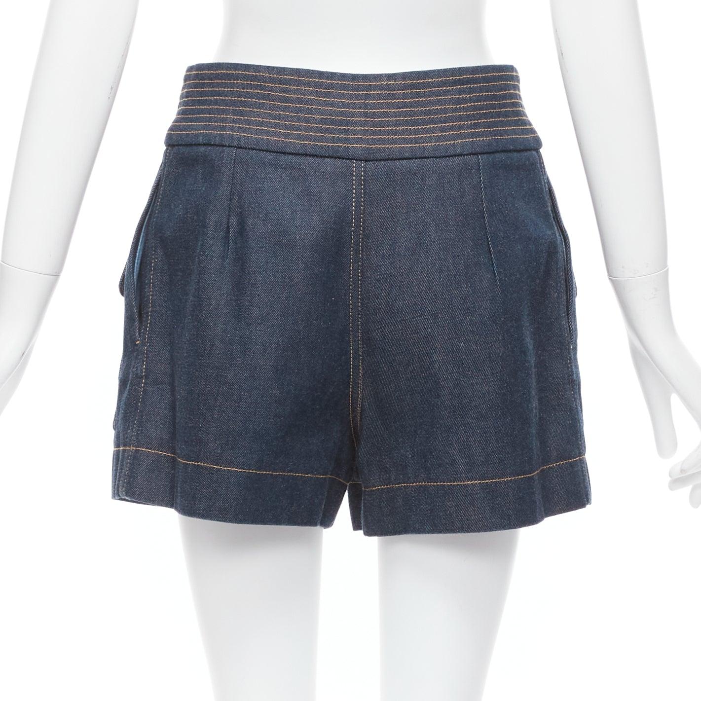 Women's CHLOE blue cotton raw denim yellow topstitched cargo pocket shorts FR36 S For Sale