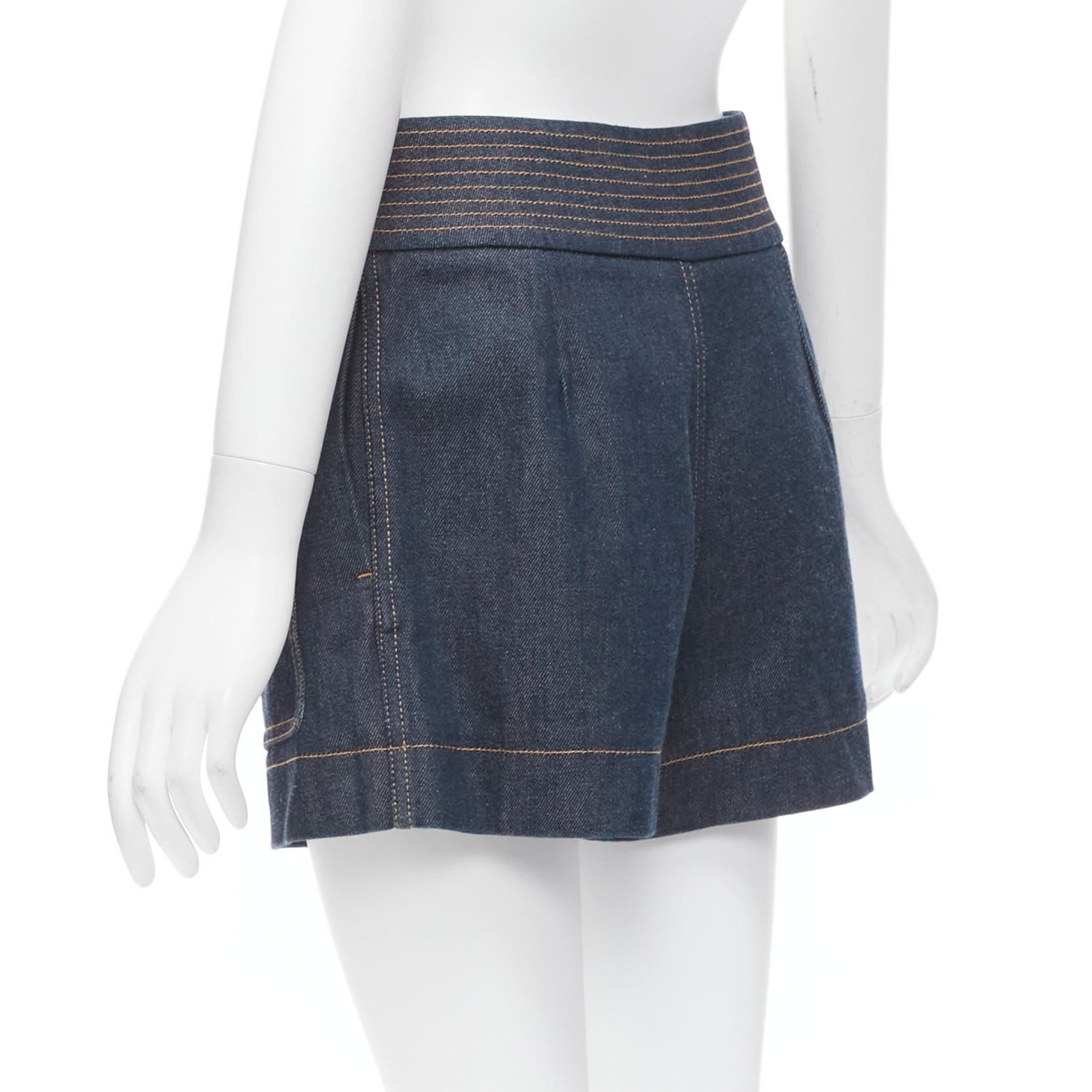 CHLOE blue cotton raw denim yellow topstitched cargo pocket shorts FR36 S For Sale 1