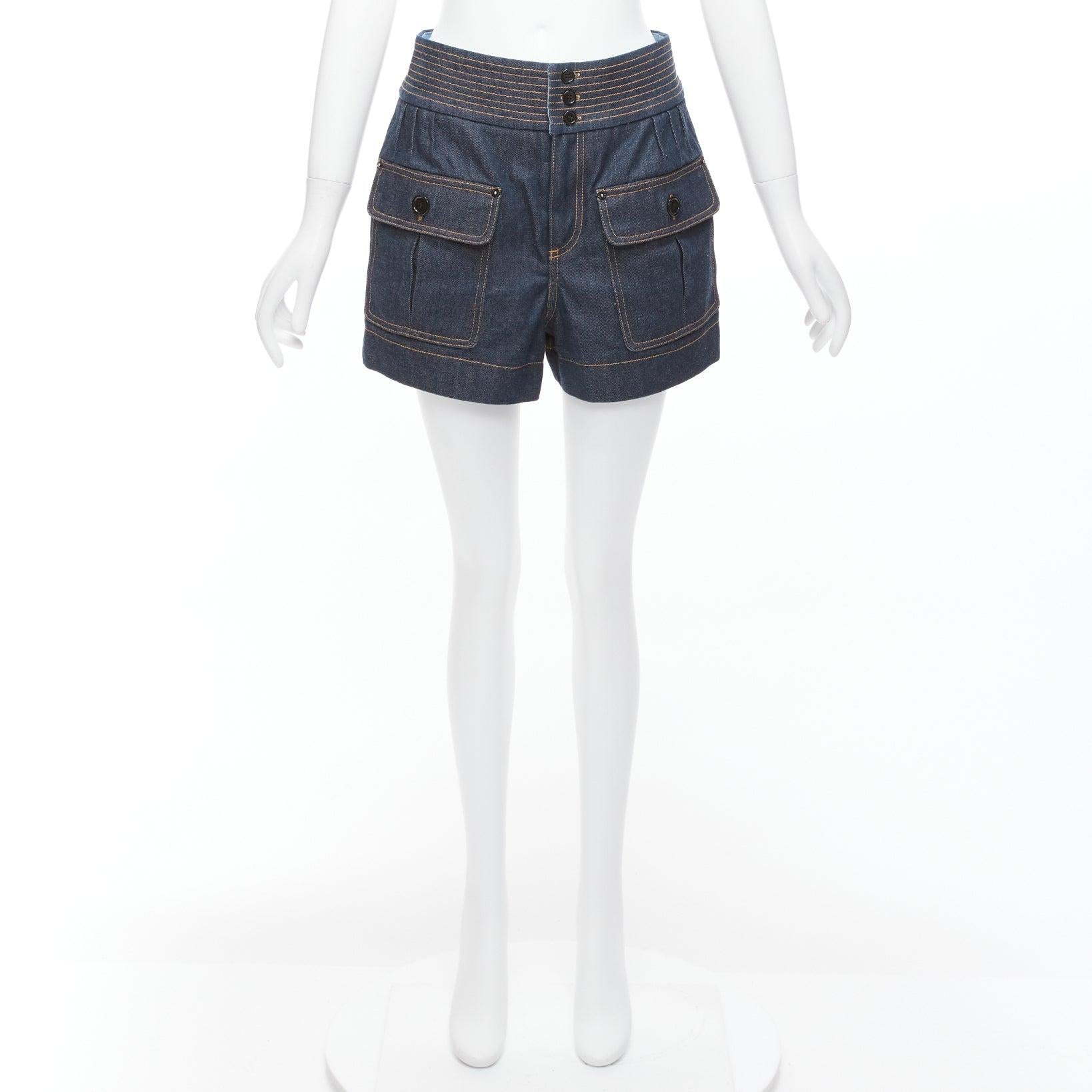 CHLOE blue cotton raw denim yellow topstitched cargo pocket shorts FR36 S For Sale 4