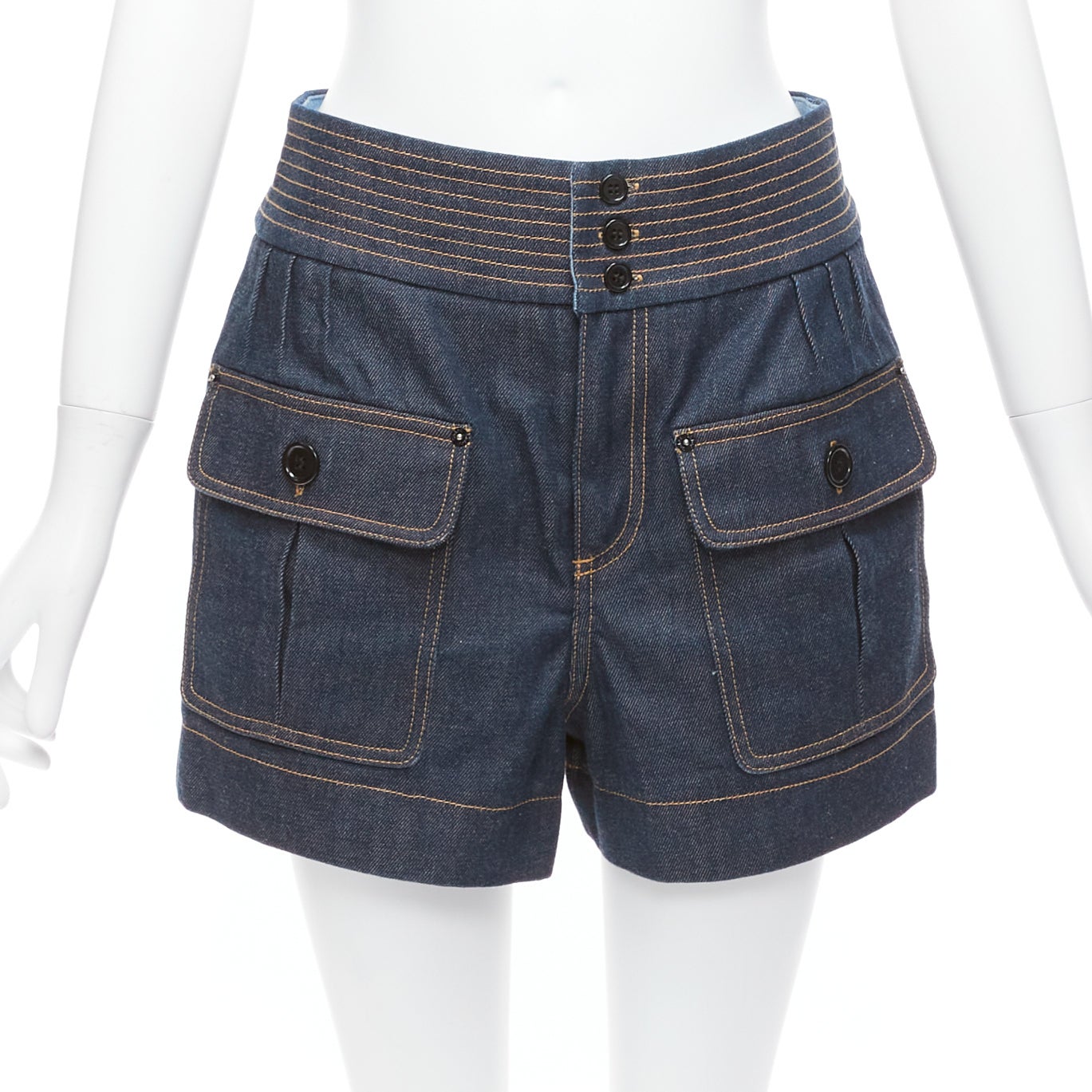 CHLOE pantalón corto azul de algodón crudo denim amarillo sobrecosido con bolsillo cargo FR36 S