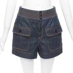 CHLOE blue cotton raw denim yellow topstitched cargo pocket shorts FR36 S