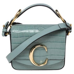 Chloe Blue Croc Embossed Leather Mini C Top Handle Bag