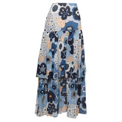 Chloe Blue Floral Printed Textured Cotton Tiered Midi Skirt L