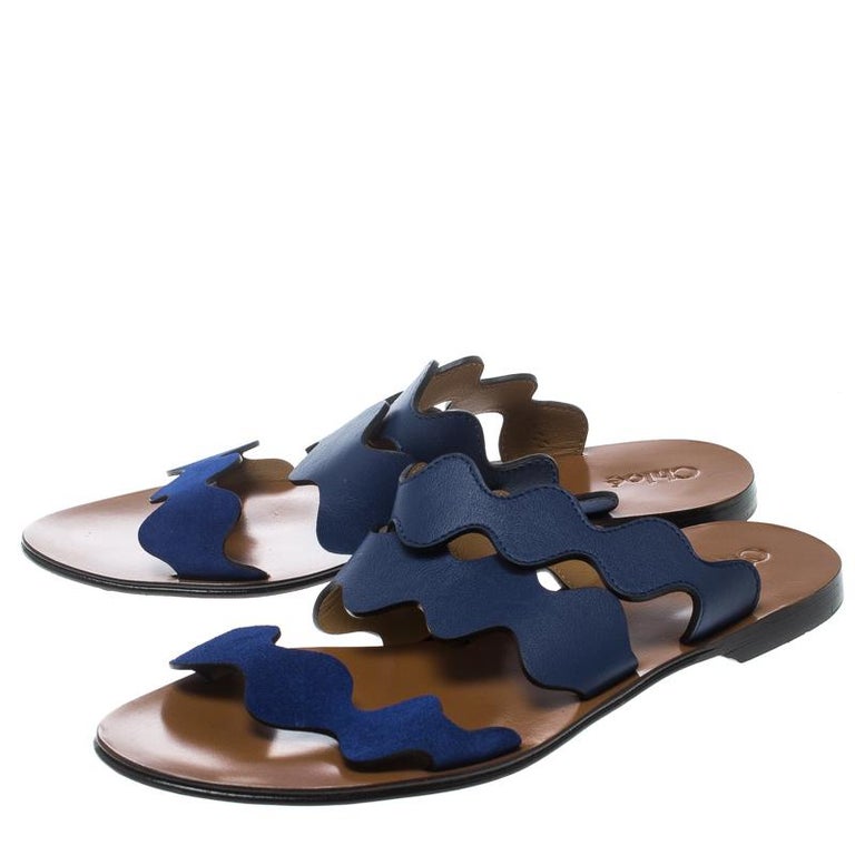 Chloe Blue Leather And Suede Lauren Wavy Three Strap Flat Slides Size 37 For Sale At 1stdibs