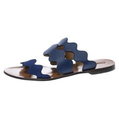 Lauren Wavy flache Schuhe mit drei Riemen aus blauem Leder und Wildleder, Größe 37