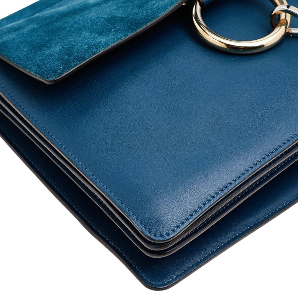 Chloe Blue Leather And Suede Medium Faye Shoulder Bag In Good Condition In Dubai, Al Qouz 2